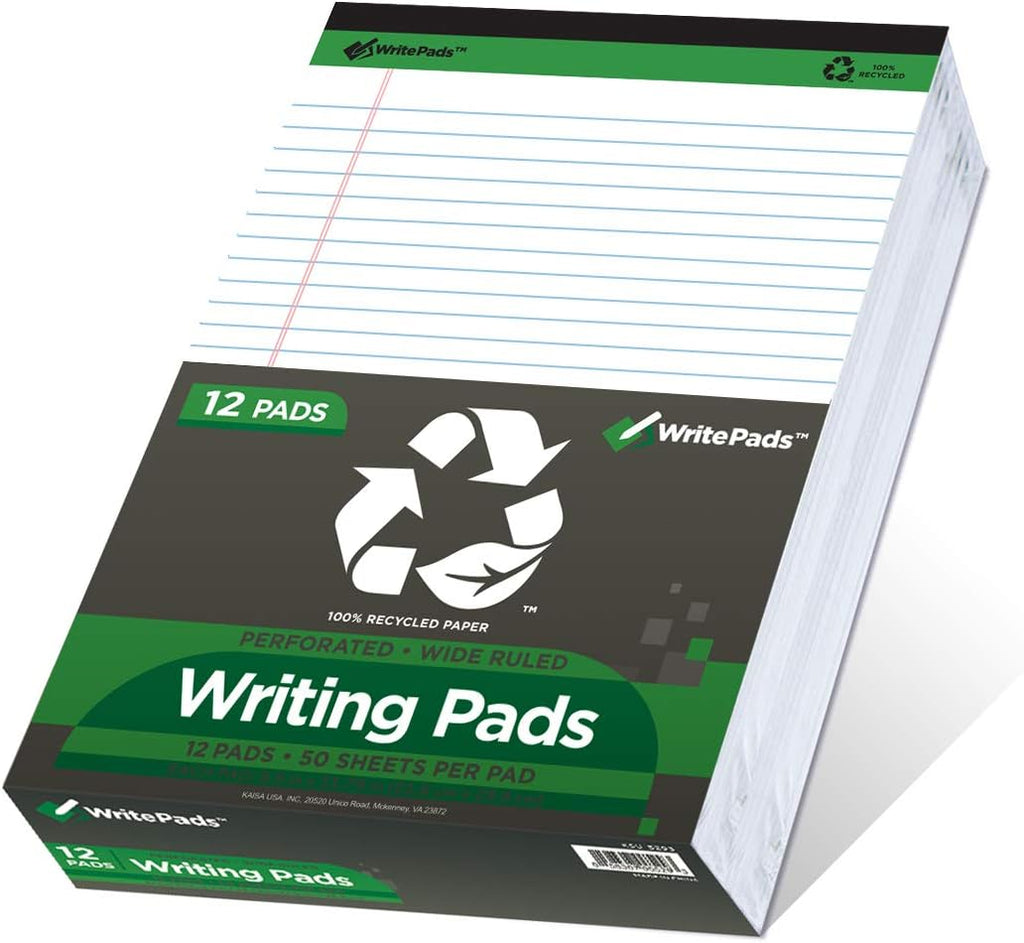 KAISA Legal Pads Writing Pads Recycled Paper, 8.5"x11.75" Wide Ruled, 50 sheets 8-1/2"x 11-3/4" Perforated Writed Pad, White Pack of 12pads