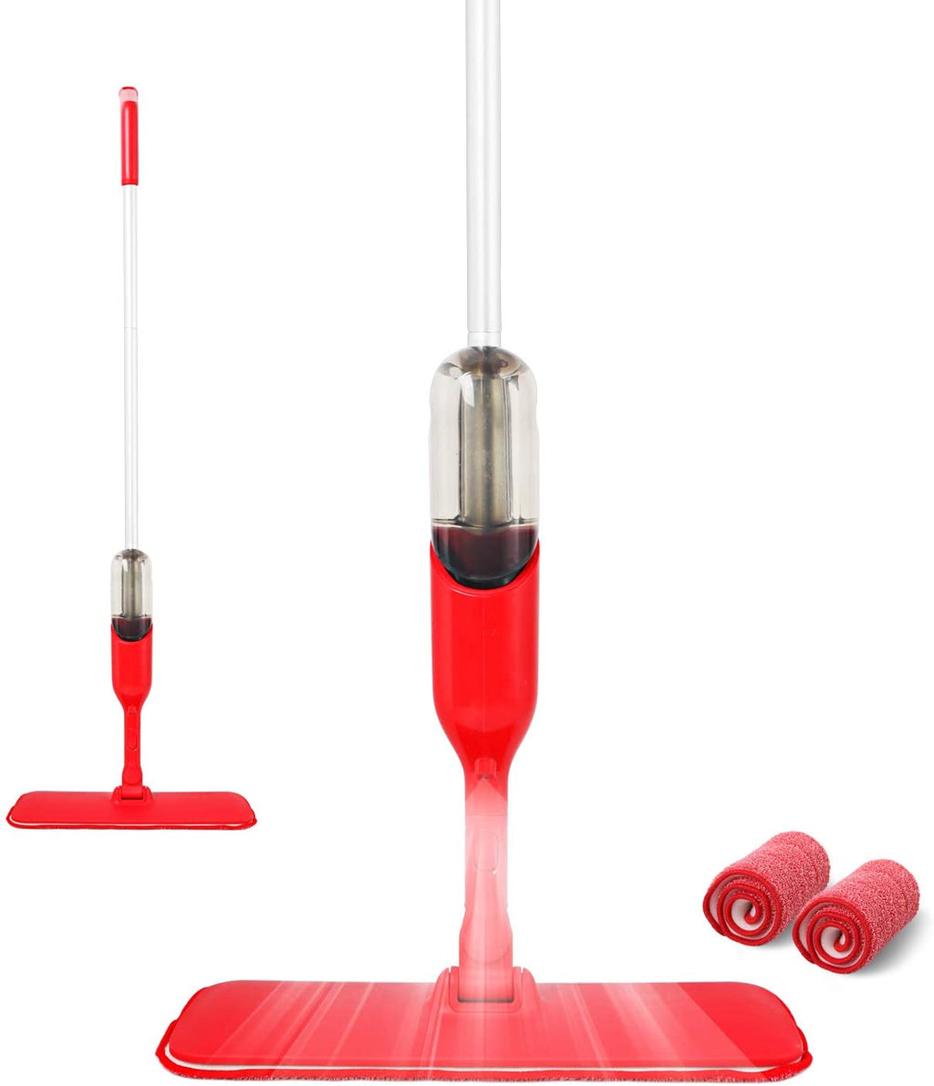 CLEANHOME Microfiber Spray Mop for Wood Floor Cleaning with 2 Washable Mop Pads 360 Degree, 400ML, Red