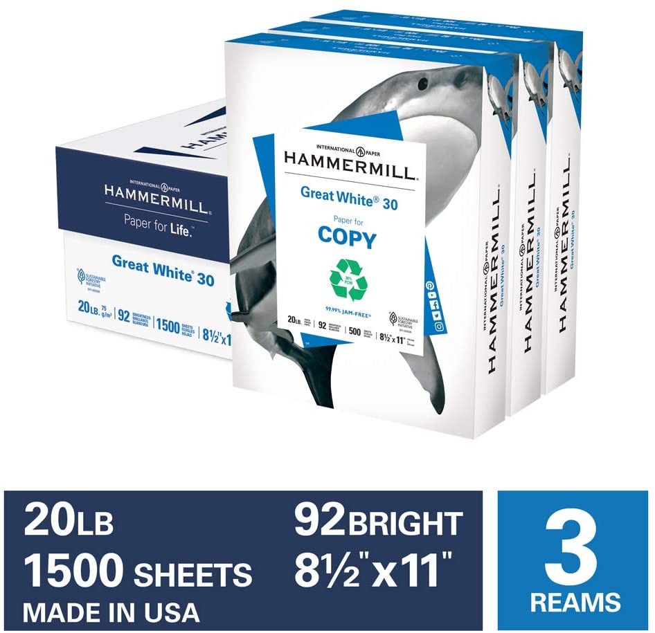 Hammermill Great White 30% Recycled 20lb Copy Paper, 8.5 x 11, 3 Ream Case, 1500 Sheets, Made in USA, Sustainably Sourced From American Family Tree Farms, 92 Bright, Acid Free, Printer Paper, 086820C