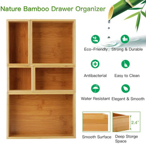 5-Piece Bamboo Drawer Organizer Set, Multi-use Storage Box Set, Varied Sizes Junk Drawer Organizer for Office, Home, Kitchen, Bedroom, Bathroom by Pipishell