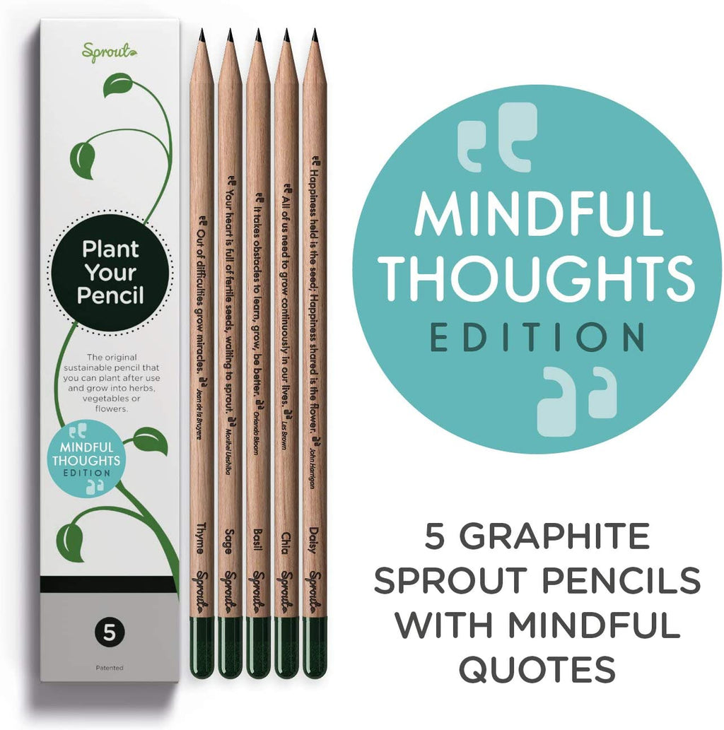 Sprout pencils - Mindful Thoughts Edition | Plantable Graphite Pencils with Seeds in eco-friendly Wood | 5 Pack | Gift set with herbs and flowers