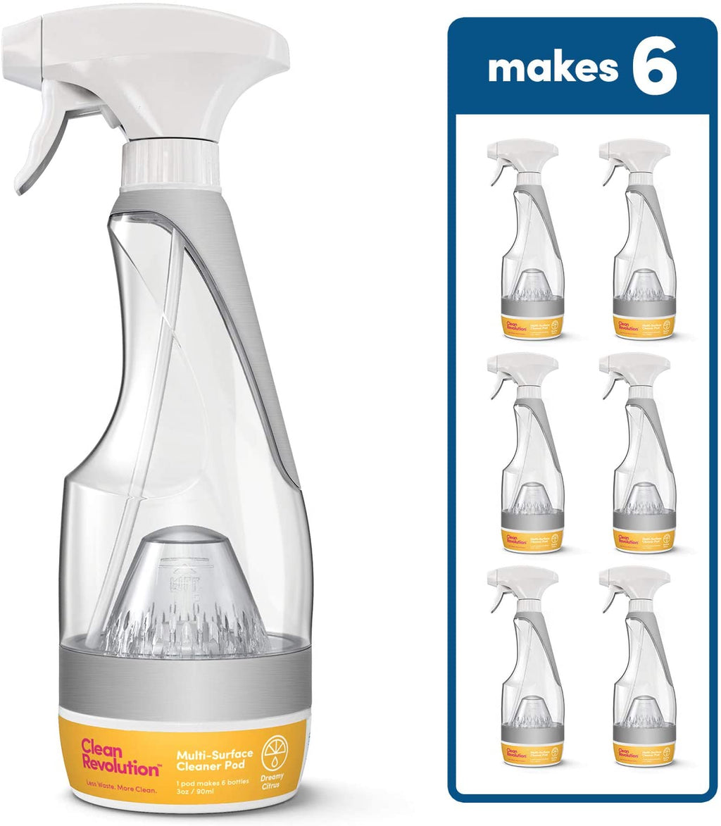 Clean Revolution Multi Surface Cleaner Kit Reusable Spray Bottle + 1 Refill Pod Dreamy Citrus Scent Makes 6 bottles/84 Total oz Eco Friendly Product Biodegradable Plant Based Non Toxic