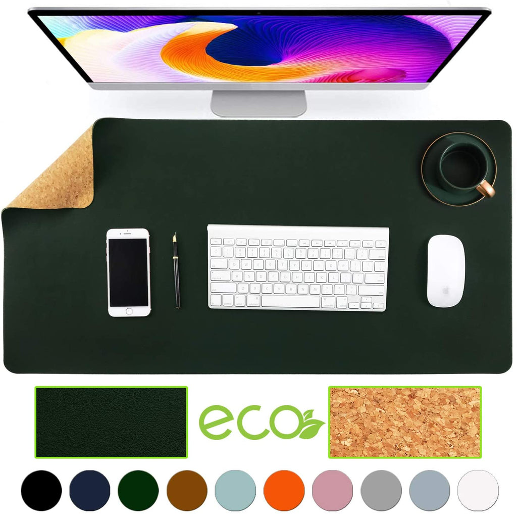 Aothia Eco-Friendly Natural Cork & Leather Double-Sided Office Desk Mat Mouse Pad Smooth Surface Soft Easy Clean Waterproof PU Leather Desk Protector for Office/Home Gaming (Dark Green,31.5" x 15.7")