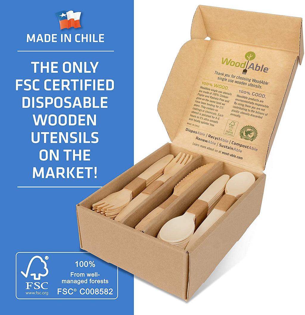 WoodAble - Disposable Wooden Forks, Spoons, Knives Set | Alternative to Plastic Cutlery - Eco Biodegradable Replacements (100 Count - 40 Forks, 40 Spoons, 20 Knives)