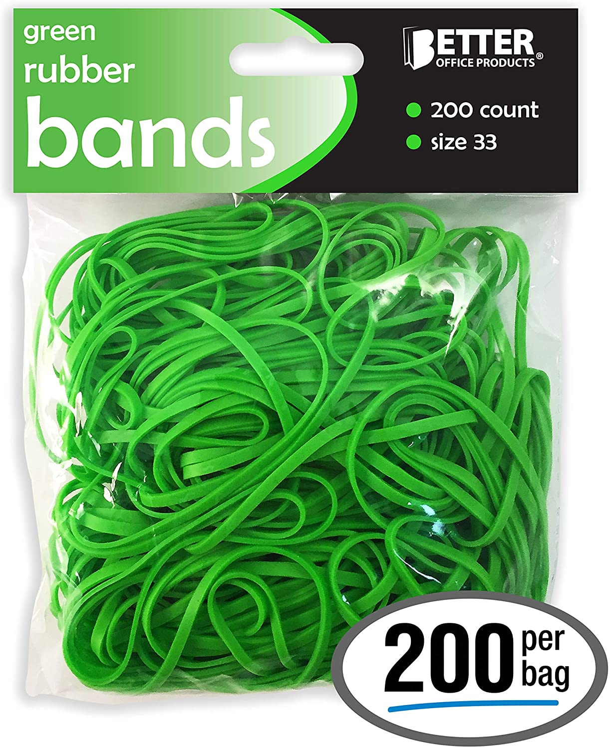 200 Green Rubber Bands, by Better Office Products, Size 33, 200/Bag, Bright Green Rubber Bands