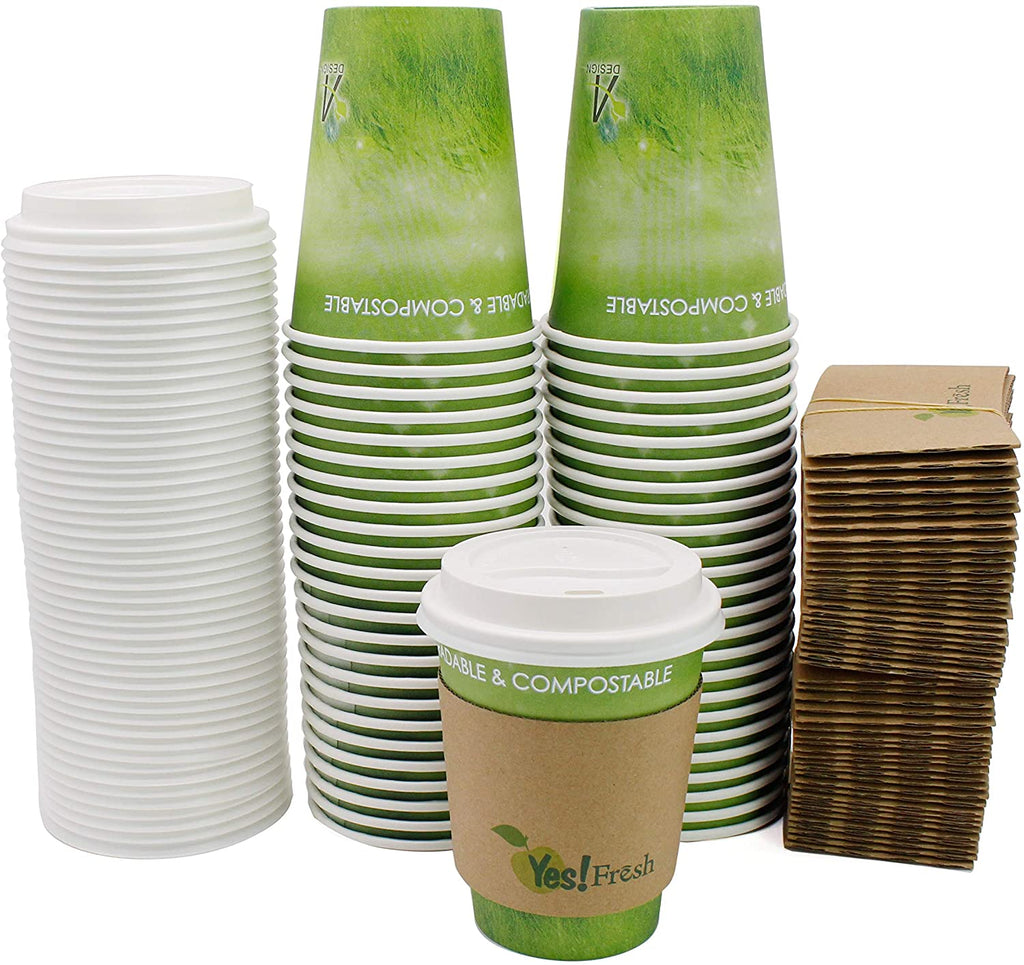 Special Green Grass Design, Paper Hot Cup,with Lids and Cup Sleeves,Eco-friendly,100% Blodegradable&Compostable (Green Grass, 12 0Z 50 count)