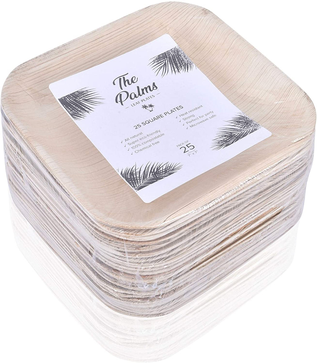 The Palms Bamboo Palm Leaf Plates, 25 Count, 7 Inch Square for Appetizers, Birthday Cake, BBQ, Dinner or Camping, Rustic Natural Dishware, Biodegradable Compostable