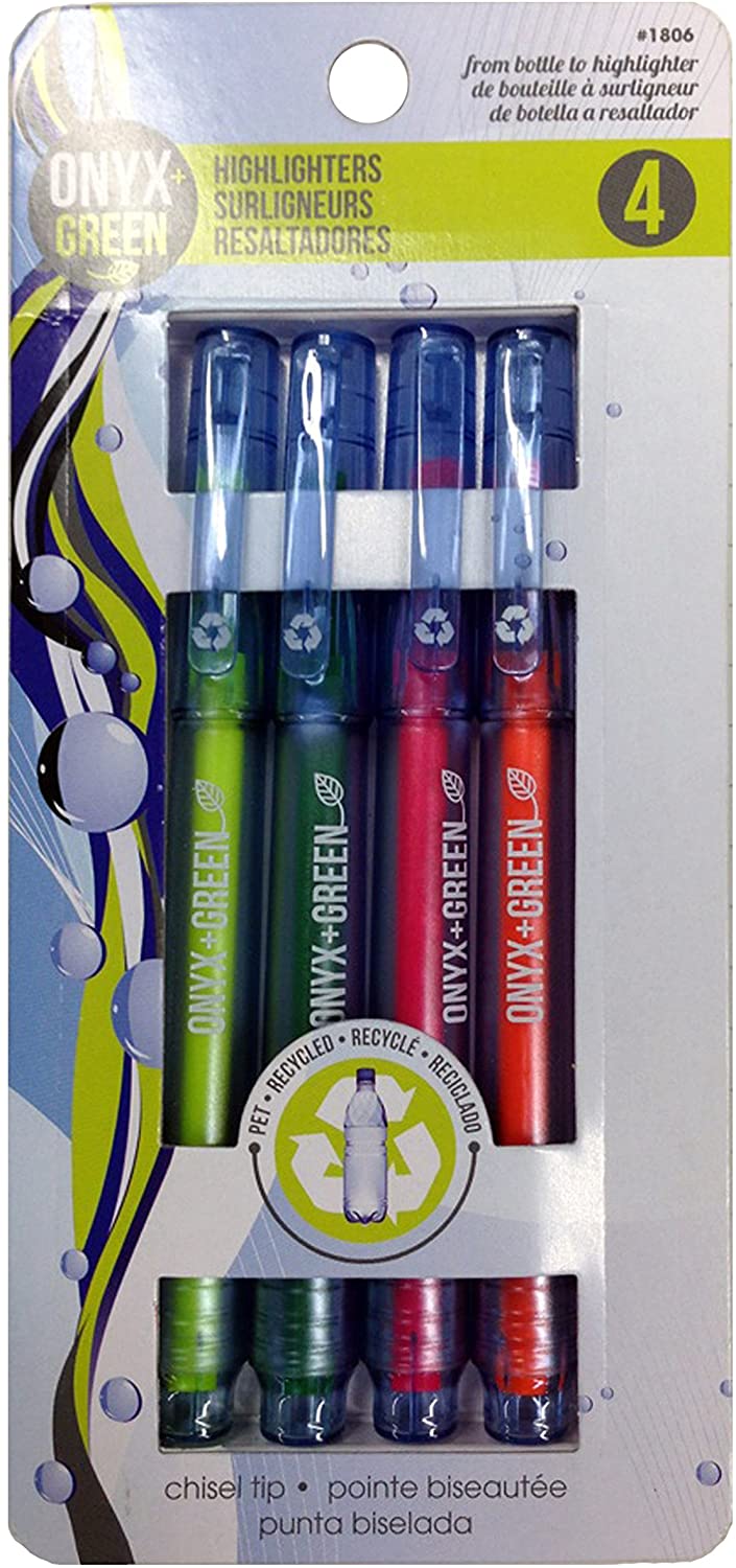 Onyx and Green 4-Pack Fine Highlighters, Chisel Tip, Recycled PET, Assorted Colors