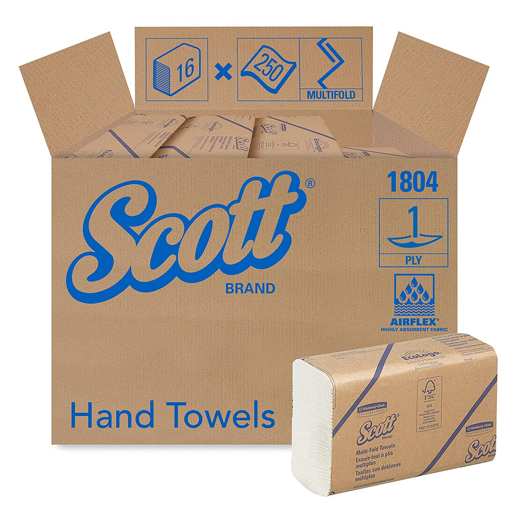 Scott Essential Multifold Paper Towels (01804) with Fast-Drying Absorbency Pockets, White, 16 Packs / Case, 250 Multifold Towels / Pack