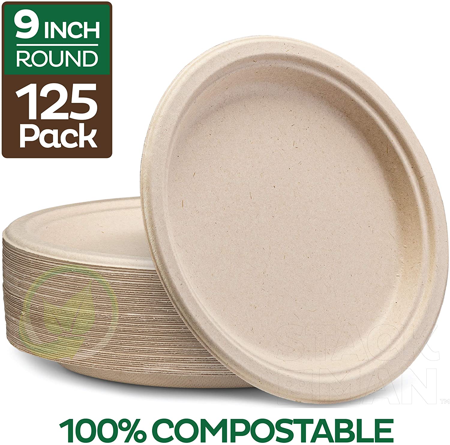 Amozife 7 inch Bagasse Paper Plates, 125 Count Heavy Duty Eco-Friendly Disposable Compostable Brown Paper Plates for Everyday Supply