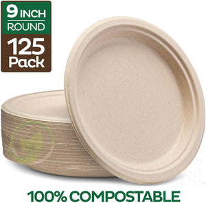 [125 Pack] 100% Compostable 9 in Paper Plates Heavy Duty, Disposable Bagasse Paperplates for Party, Dinner (9 in, White)