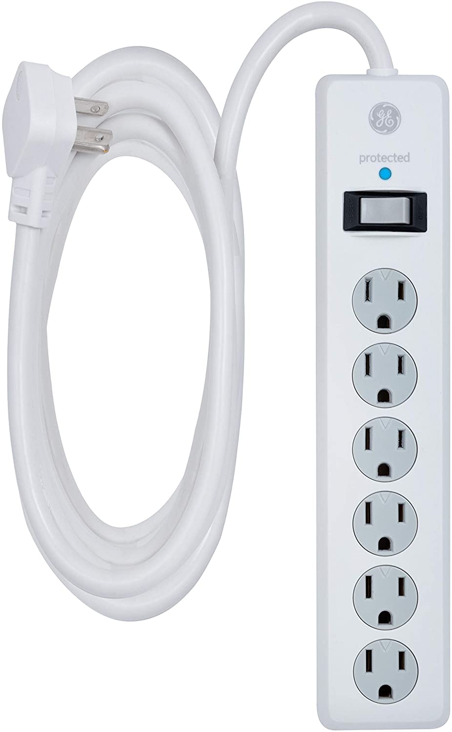 GE 6 Outlet Power Surge Protector, 10 ft long cord - White